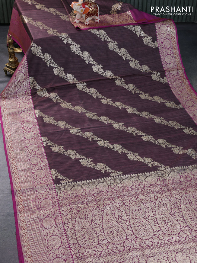 Banarasi handloom dupion silk saree rosy brown and magenta pink with allover thread & zari weaves and zari woven border