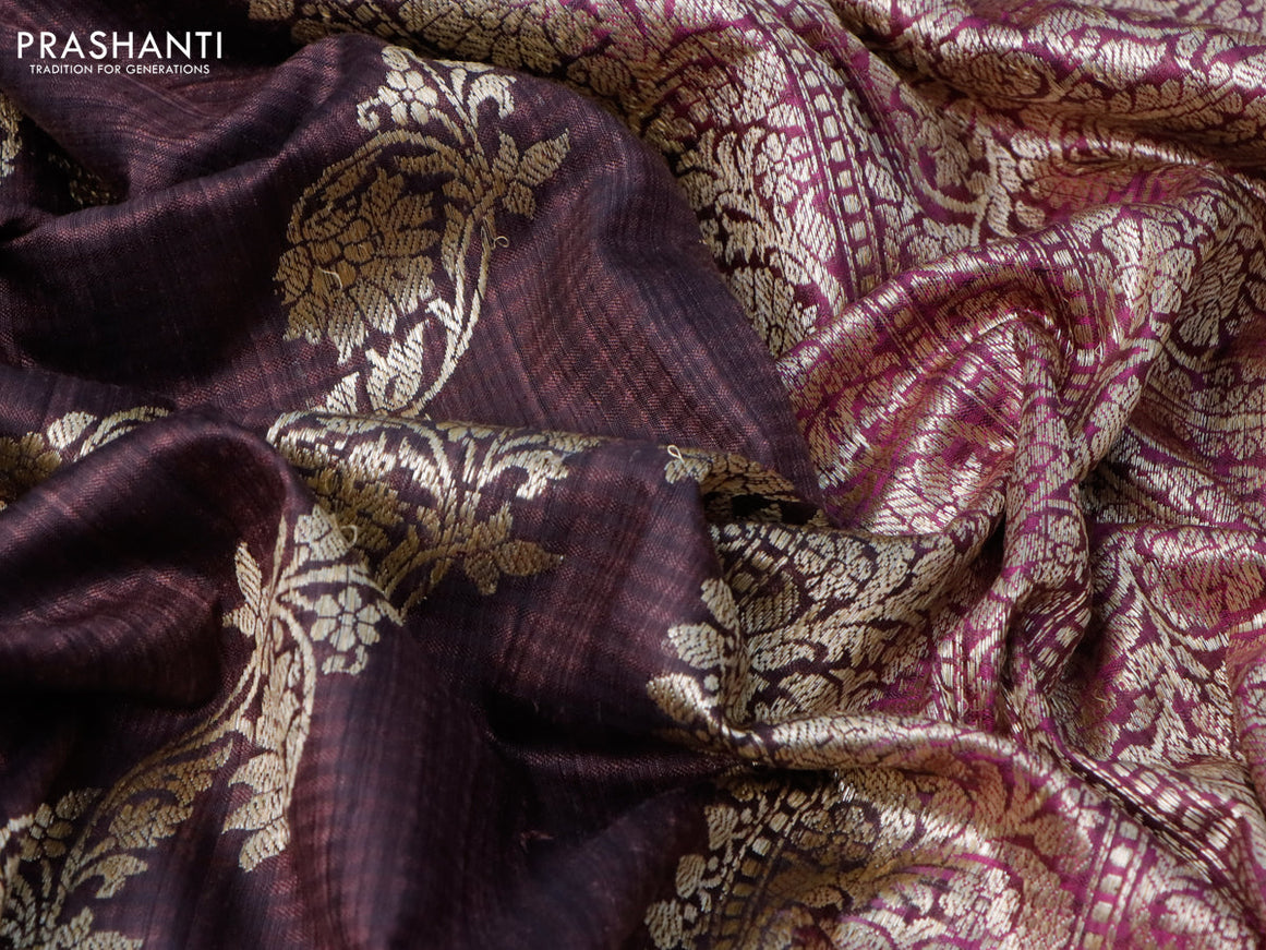 Banarasi handloom dupion silk saree rosy brown and magenta pink with allover thread & zari weaves and zari woven border