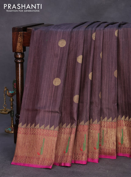 Banarasi handloom dupion silk saree rosy brown and pink with zari woven cion buttas and zari woven muniya butta border