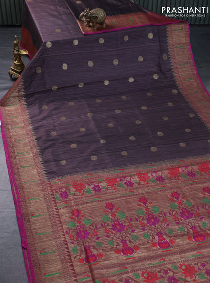 Banarasi handloom dupion silk saree rosy brown and pink with zari woven cion buttas and zari woven muniya butta border