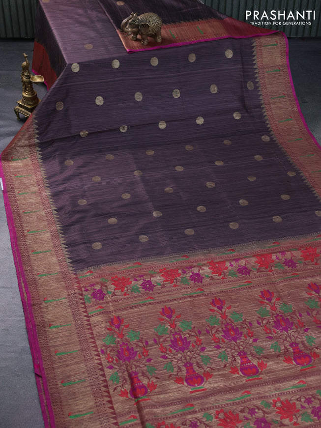 Banarasi handloom dupion silk saree rosy brown and pink with zari woven cion buttas and zari woven muniya butta border