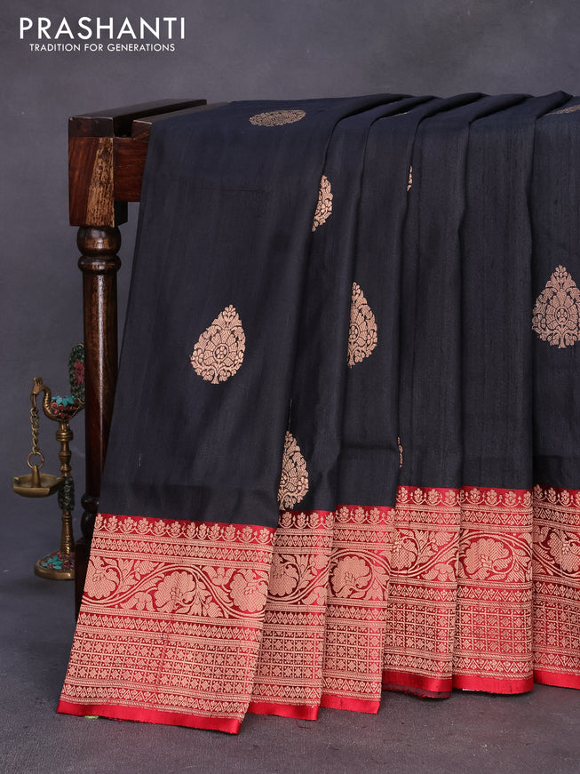 Banarasi handloom dupion silk saree black and red with zari woven buttas and rich zari wove border