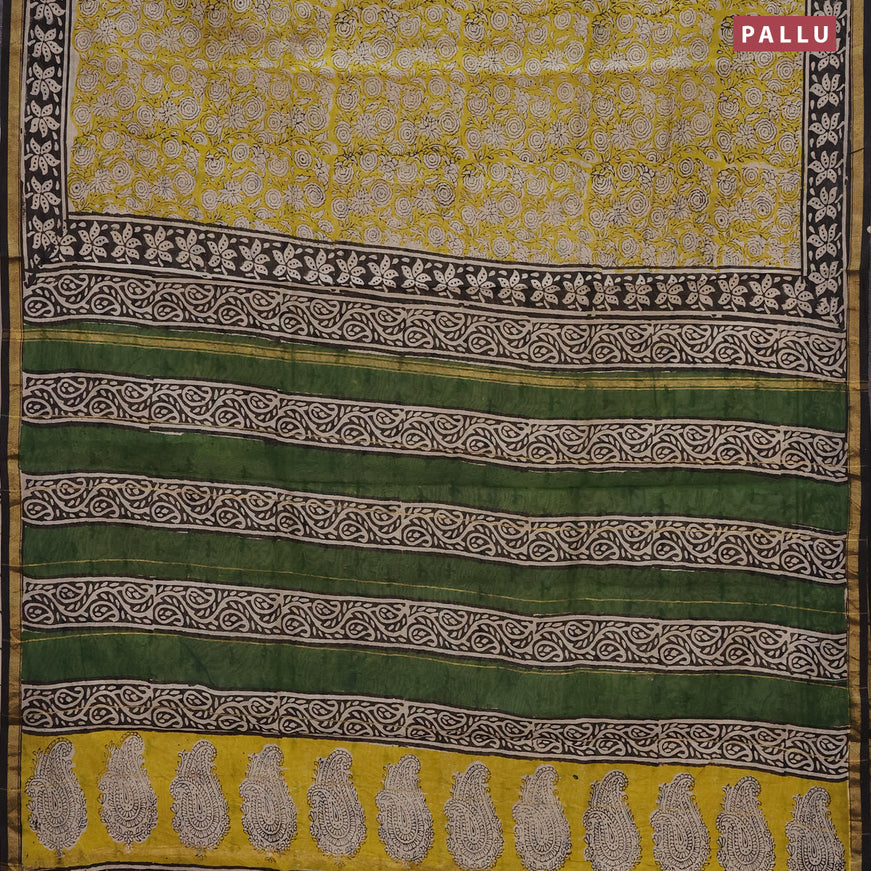 Chanderi bagru saree yellow and black with allover prints and small zari woven border