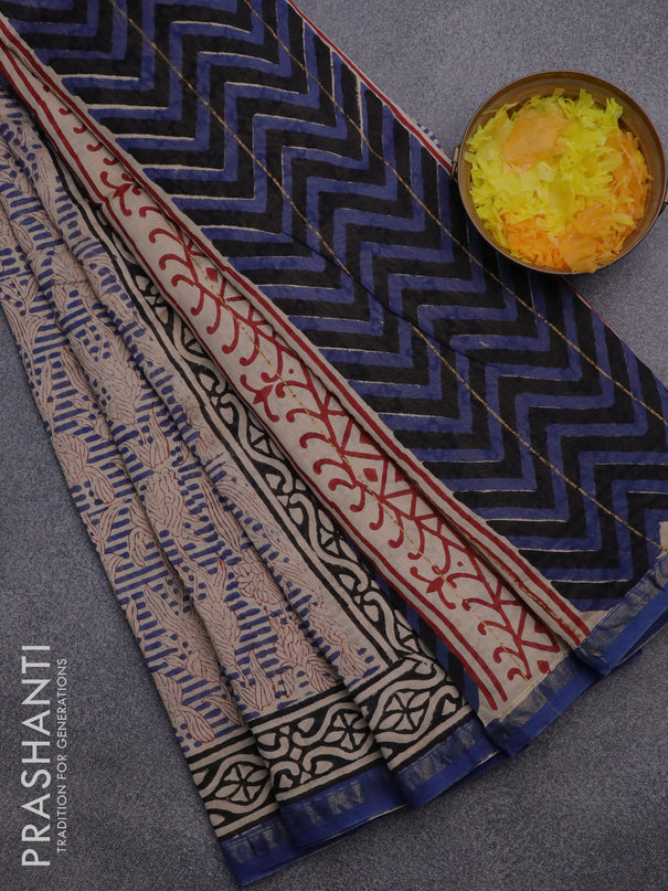 Chanderi bagru saree beige and blue with allover prints and small zari woven border