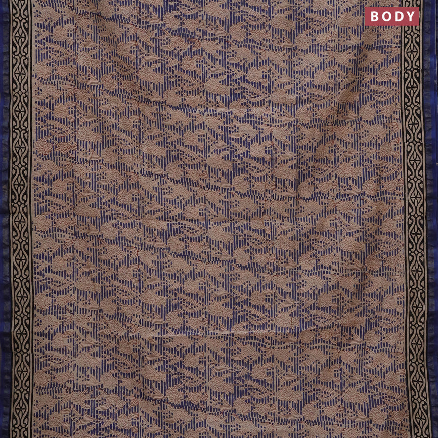 Chanderi bagru saree beige and blue with allover prints and small zari woven border