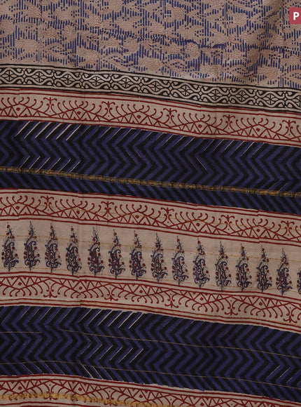 Chanderi bagru saree beige and blue with allover prints and small zari woven border