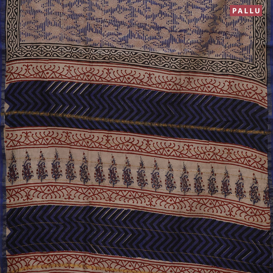 Chanderi bagru saree beige and blue with allover prints and small zari woven border