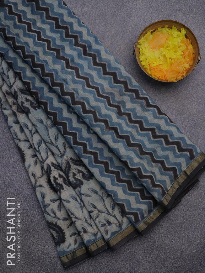 Chanderi bagru saree pastel blue shade and black with allover kalamkari prints and small zari woven border