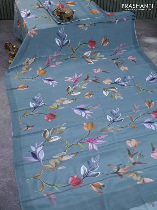 Pure mysore crepe silk saree greyish green with allover floral digital prints and simple border