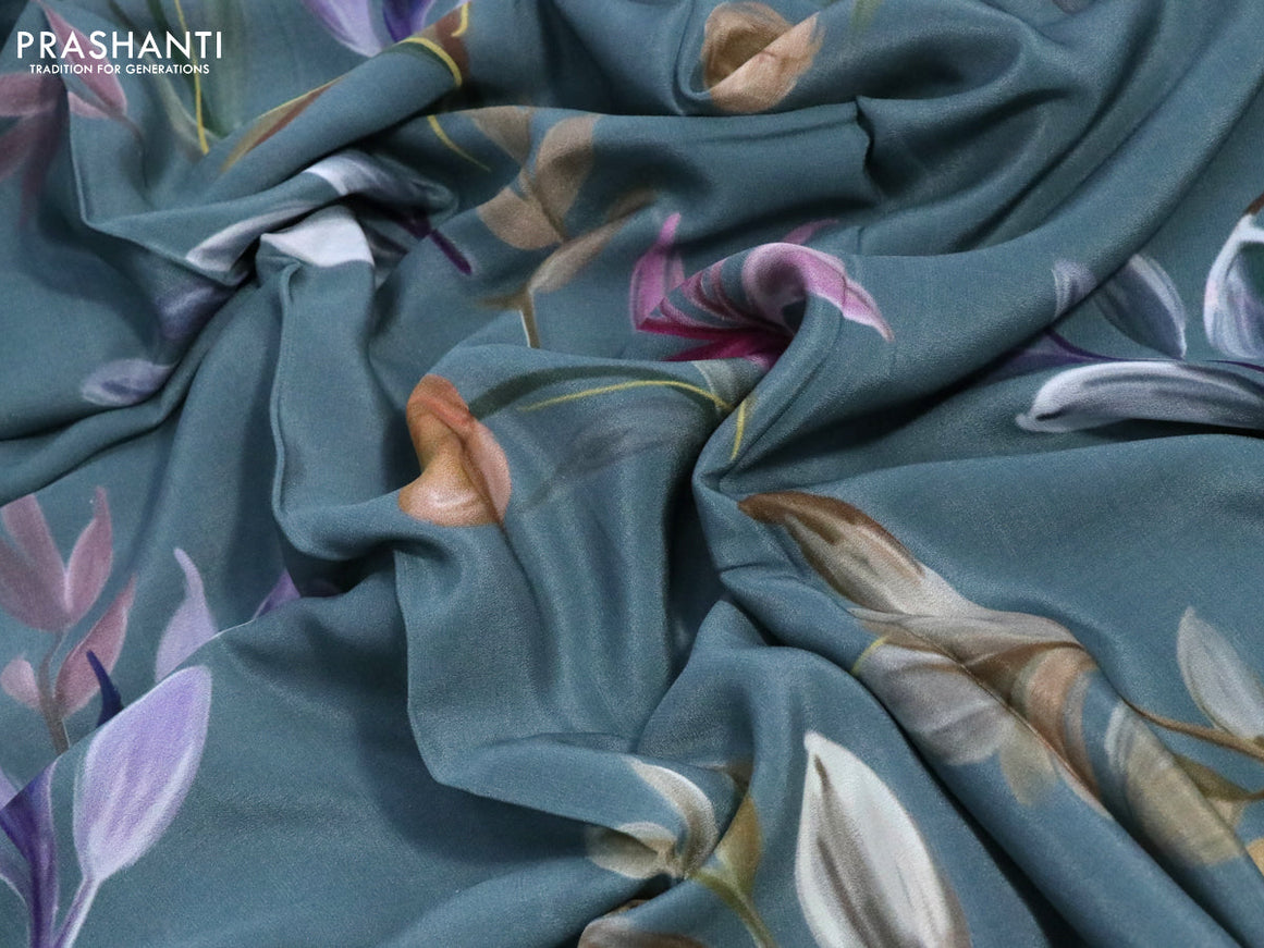 Pure mysore crepe silk saree greyish green with allover floral digital prints and simple border