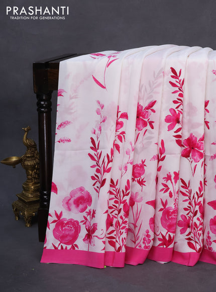 Pure mysore crepe silk saree off white and pink with allover floral digital prints and simple border