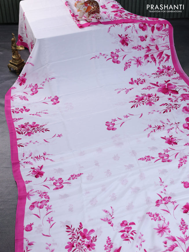 Pure mysore crepe silk saree off white and pink with allover floral digital prints and simple border