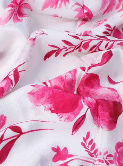 Pure mysore crepe silk saree off white and pink with allover floral digital prints and simple border