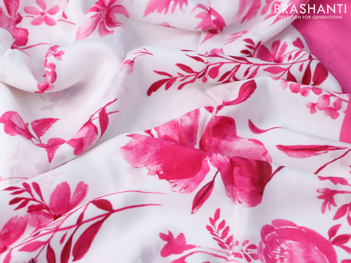 Pure mysore crepe silk saree off white and pink with allover floral digital prints and simple border