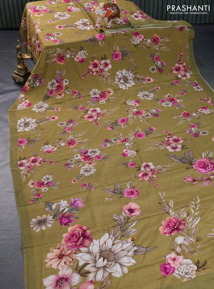 Pure mysore crepe silk saree green shade with allover floral digital prints and simple border