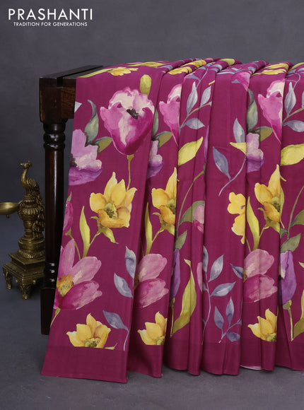 Pure mysore crepe silk saree magenta pink with allover floral digital prints in borderless style