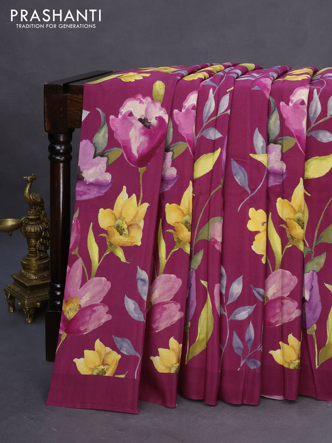 Pure mysore crepe silk saree magenta pink with allover floral digital prints in borderless style