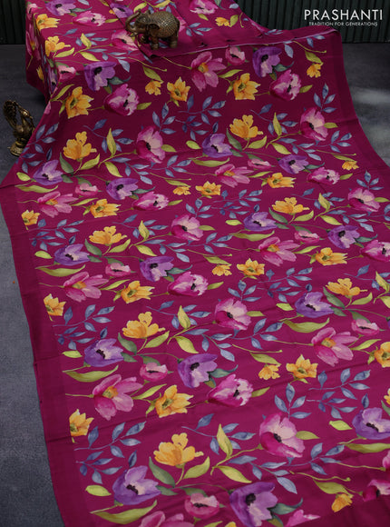 Pure mysore crepe silk saree magenta pink with allover floral digital prints in borderless style