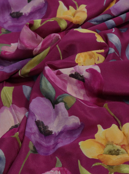 Pure mysore crepe silk saree magenta pink with allover floral digital prints in borderless style