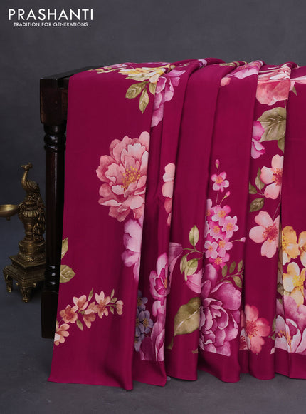 Pure mysore crepe silk saree dark pink with allover floral digital prints in borderless style