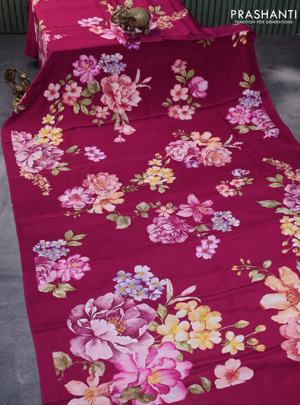 Pure mysore crepe silk saree dark pink with allover floral digital prints in borderless style