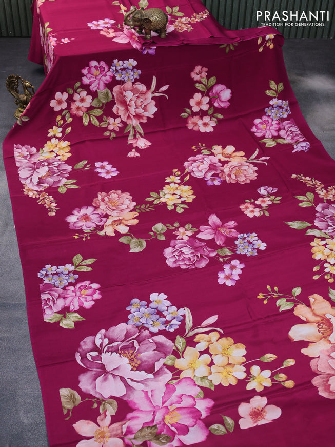 Pure mysore crepe silk saree dark pink with allover floral digital prints in borderless style