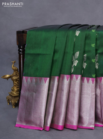 Venkatagiri silk saree bottle green and pink with jamdhani style buttas and long temple design silver zari woven border