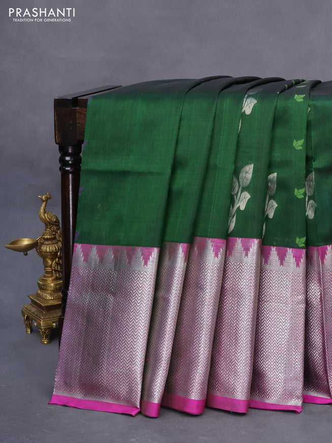 Venkatagiri silk saree bottle green and pink with jamdhani style buttas and long temple design silver zari woven border