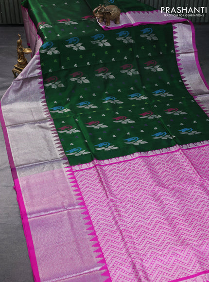 Venkatagiri silk saree bottle green and pink with jamdhani style buttas and long temple design silver zari woven border