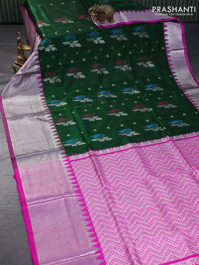 Venkatagiri silk saree bottle green and pink with jamdhani style buttas and long temple design silver zari woven border