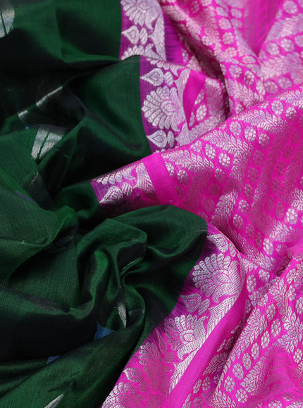 Venkatagiri silk saree bottle green and pink with jamdhani style buttas and long temple design silver zari woven border