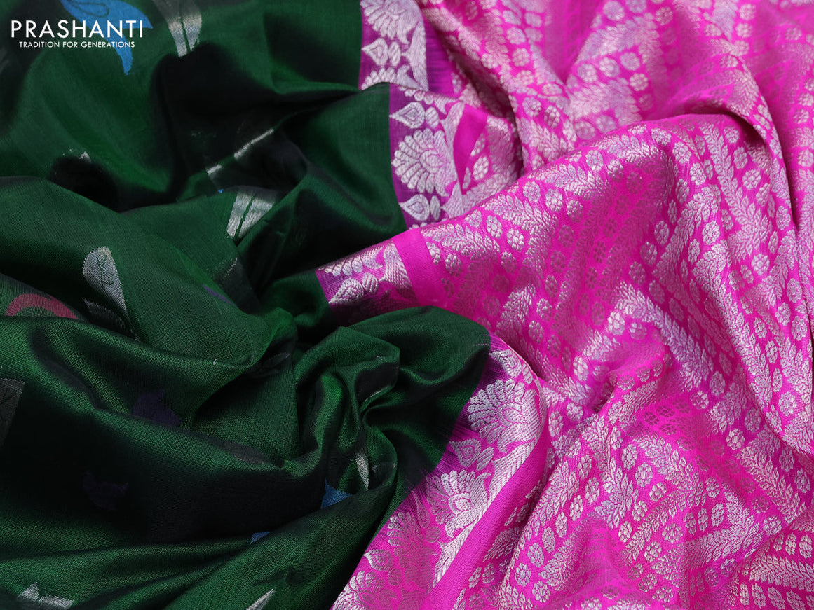 Venkatagiri silk saree bottle green and pink with jamdhani style buttas and long temple design silver zari woven border