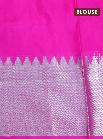 Venkatagiri silk saree bottle green and pink with jamdhani style buttas and long temple design silver zari woven border