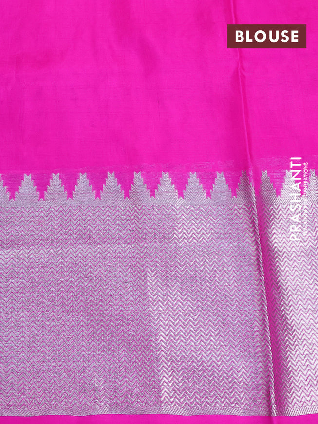 Venkatagiri silk saree bottle green and pink with jamdhani style buttas and long temple design silver zari woven border