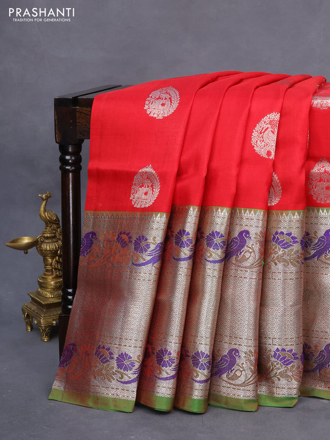 Venkatagiri silk saree red and parrot green with zari woven buttas and long silver zari woven paithani border