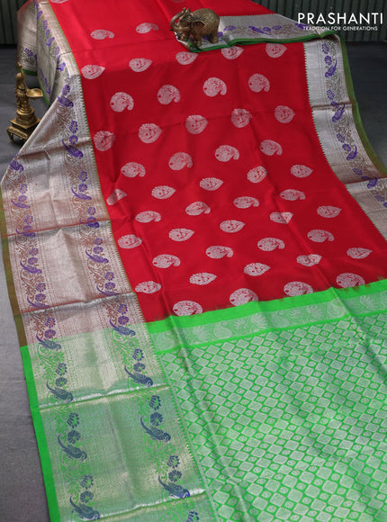 Venkatagiri silk saree red and parrot green with zari woven buttas and long silver zari woven paithani border