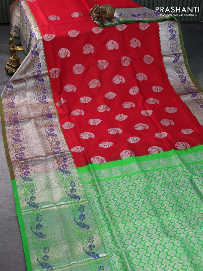 Venkatagiri silk saree red and parrot green with zari woven buttas and long silver zari woven paithani border