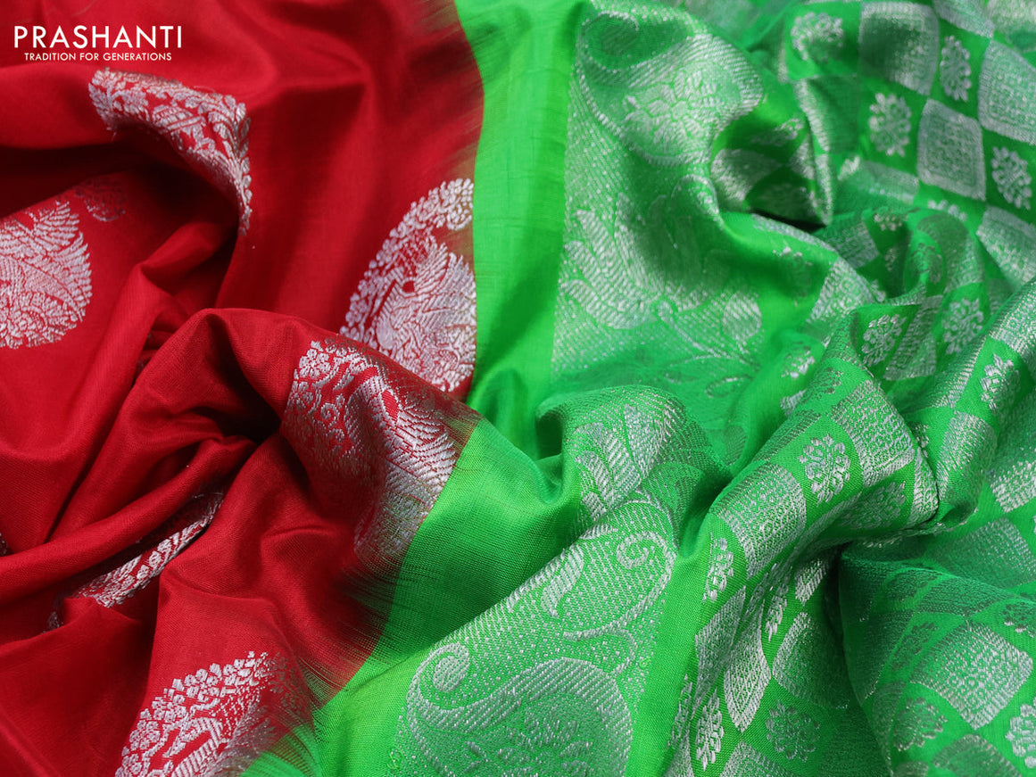 Venkatagiri silk saree red and parrot green with zari woven buttas and long silver zari woven paithani border