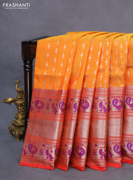 Venkatagiri silk saree dual shade of mango yellow and red with allover silver zari woven buttas and long silver zari woven paithani border