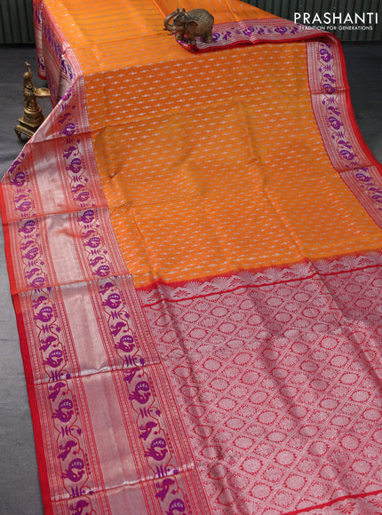 Venkatagiri silk saree dual shade of mango yellow and red with allover silver zari woven buttas and long silver zari woven paithani border