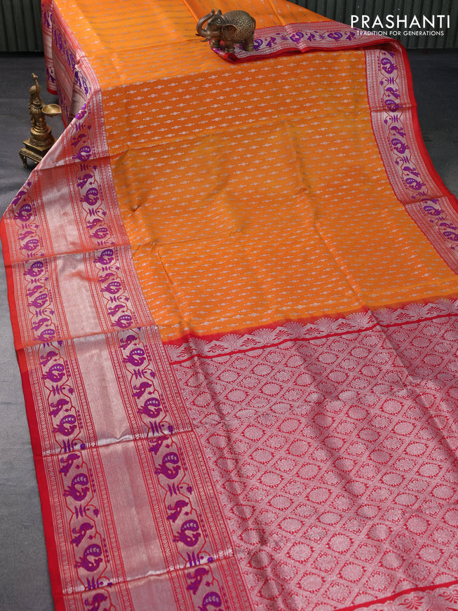 Venkatagiri silk saree dual shade of mango yellow and red with allover silver zari woven buttas and long silver zari woven paithani border