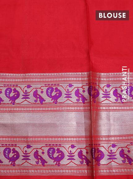 Venkatagiri silk saree dual shade of mango yellow and red with allover silver zari woven buttas and long silver zari woven paithani border