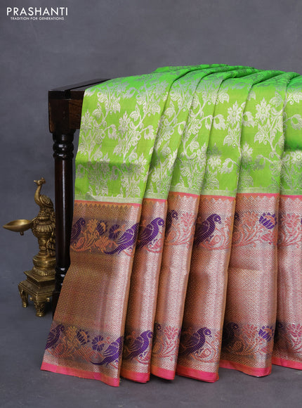 Venkatagiri silk saree parrot green and pink with allover zari weaves and long rich silver zari woven paithani border