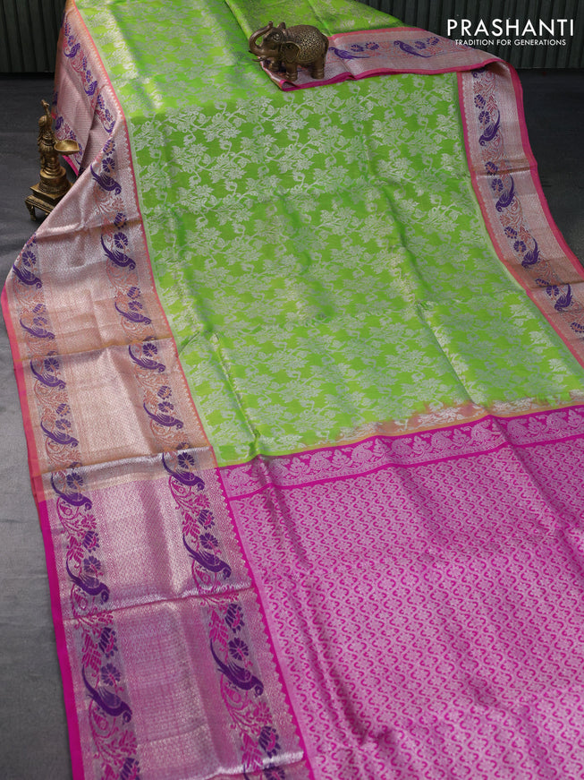 Venkatagiri silk saree parrot green and pink with allover zari weaves and long rich silver zari woven paithani border