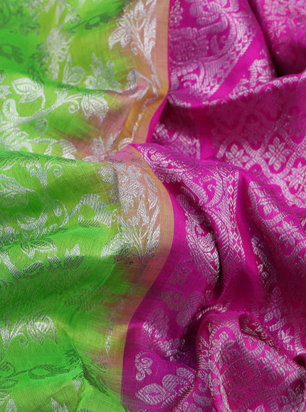 Venkatagiri silk saree parrot green and pink with allover zari weaves and long rich silver zari woven paithani border