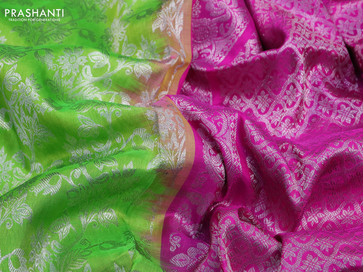 Venkatagiri silk saree parrot green and pink with allover zari weaves and long rich silver zari woven paithani border