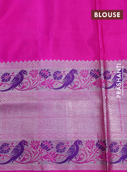 Venkatagiri silk saree parrot green and pink with allover zari weaves and long rich silver zari woven paithani border