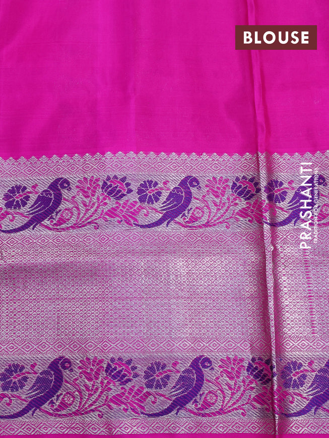 Venkatagiri silk saree parrot green and pink with allover zari weaves and long rich silver zari woven paithani border