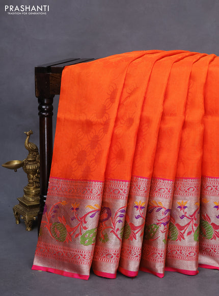 Venkatagiri silk saree orange and pink with allover self emboss and silver zari woven paithani border