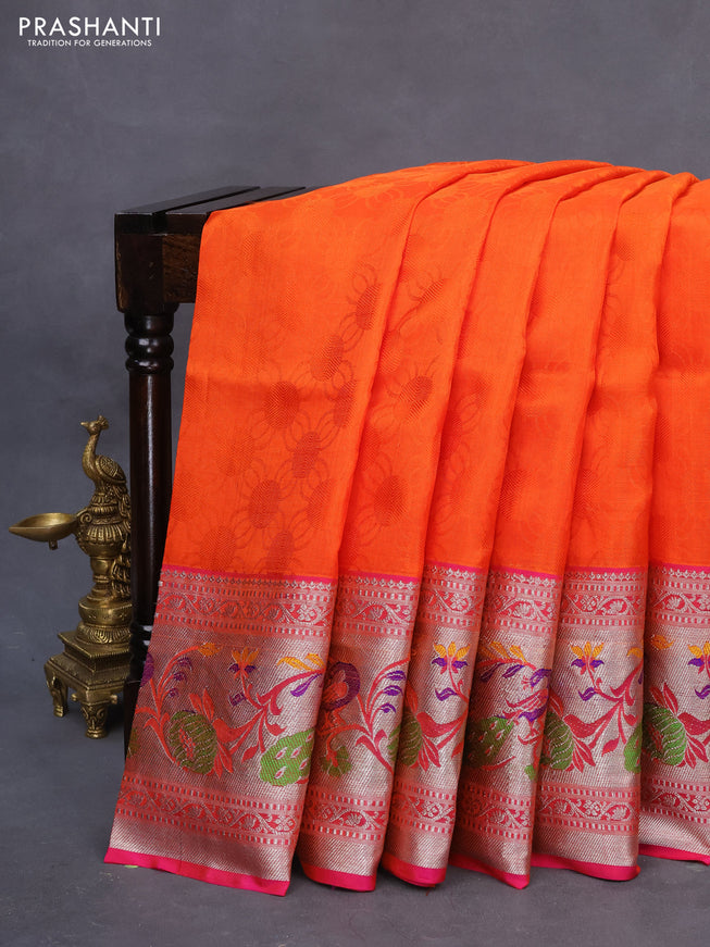 Venkatagiri silk saree orange and pink with allover self emboss and silver zari woven paithani border